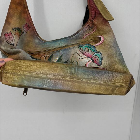 Anuschka Shoulder Bag Leather Hibiscus Flower Butterfly Hand Painted Handbag - Picture 7 of 14